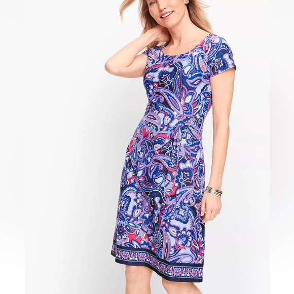 NWT Talbots Faux Wrap Dress Plus 2X Blue Pink Paisley Floral Knee Length Stretch - Picture 1 of 12